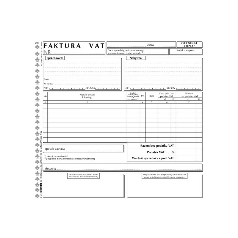 Faktura VAT netto (1 stawka VAT) - samokopiująca